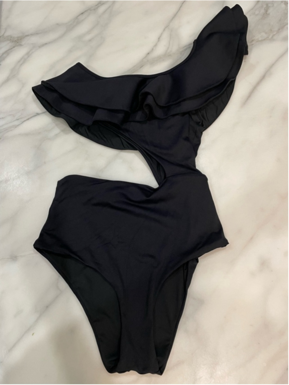 Encantadore Black Ruffle One Shoulder Cutout Monokini Swimsuit Small Glam Resort